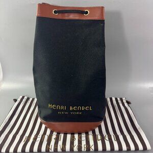 Henri Bendel New York Black Cotton Canvas Drawstring Bucket Packable Backpack
